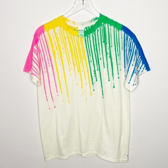 Upcycled Cream Tee with Florescent Dye Drips - Picture 1 of 7